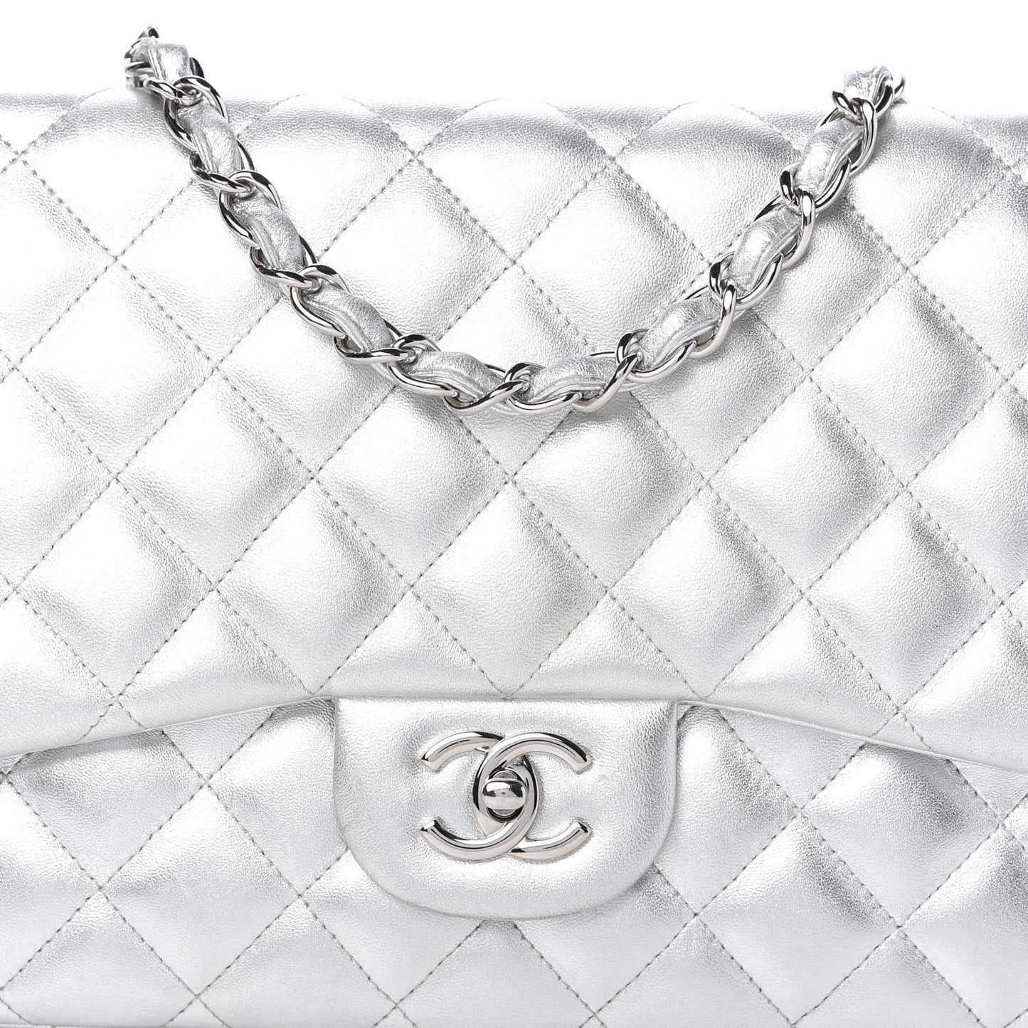 Metallic Lambskin Quilted Jumbo Single Flap Silver