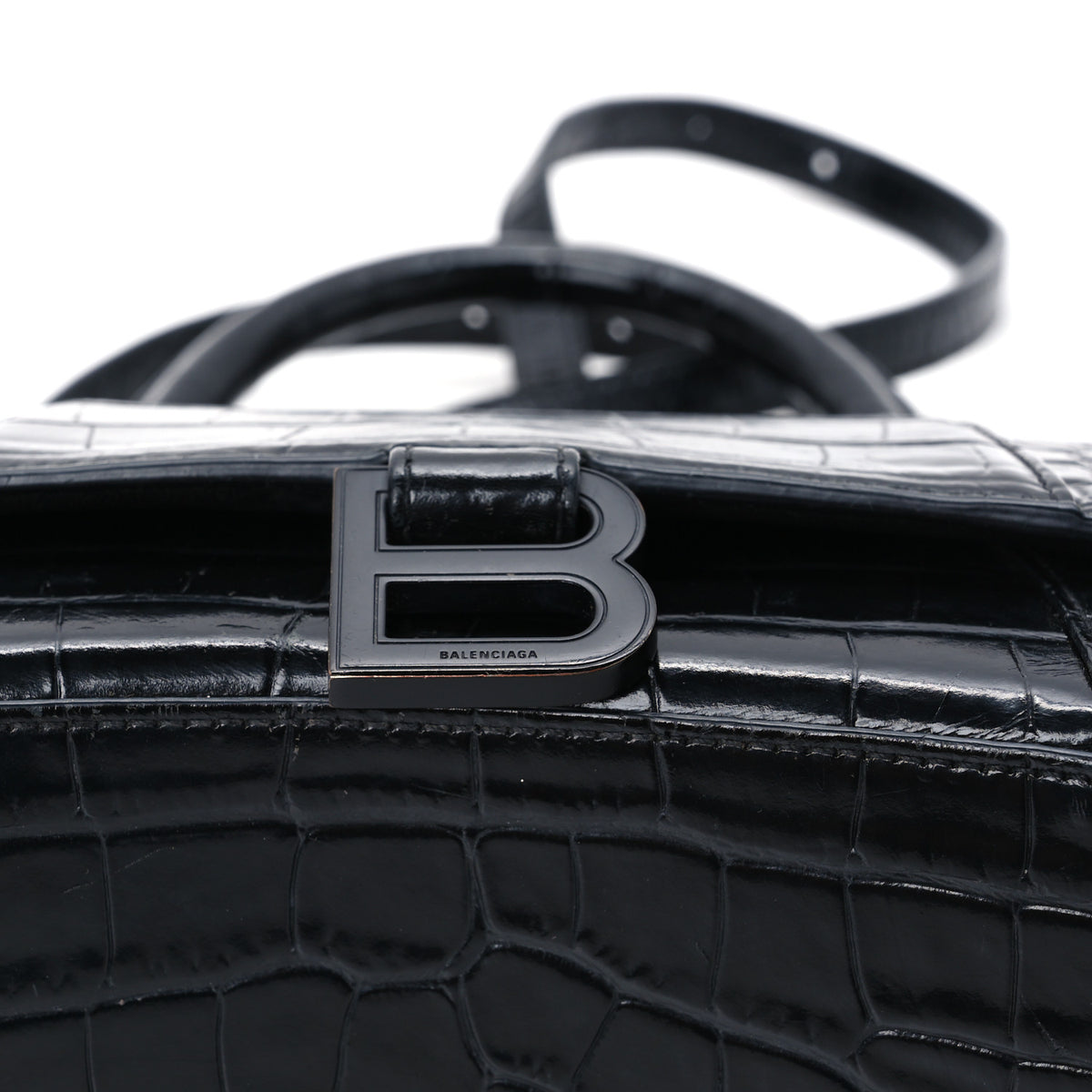 Balenciaga Shiny Calfskin Monochrome Crocodile Embossed Small Hourglass Top Handle Bag Black 12 of 14