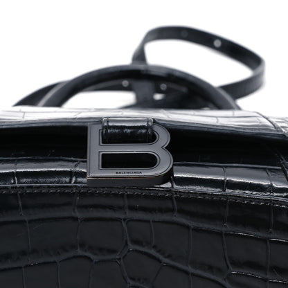 Balenciaga Shiny Calfskin Monochrome Crocodile Embossed Small Hourglass Top Handle Bag Black 12 of 14