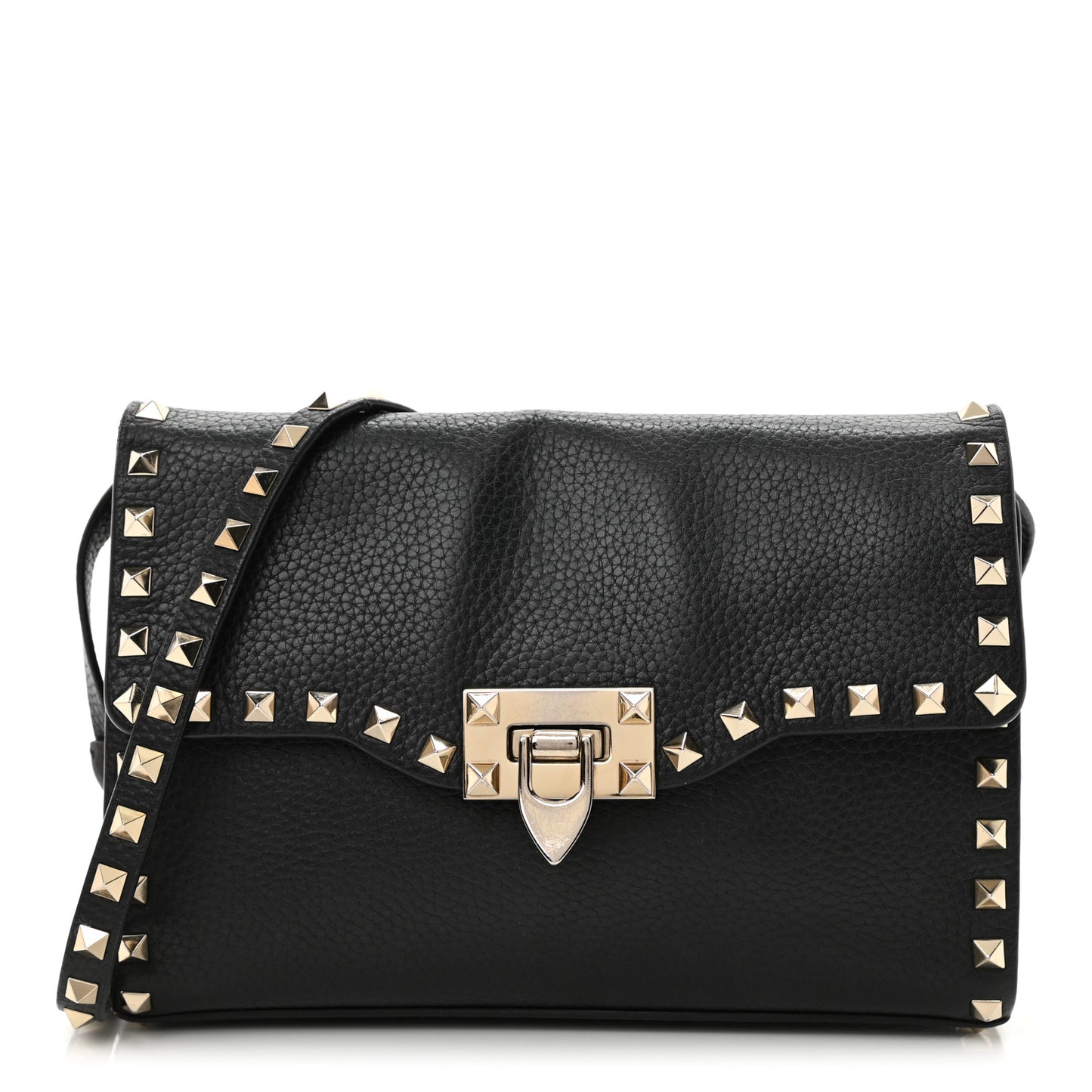 Pebbled Calfskin Medium Rockstud Flip Lock Crossbody Bag Black