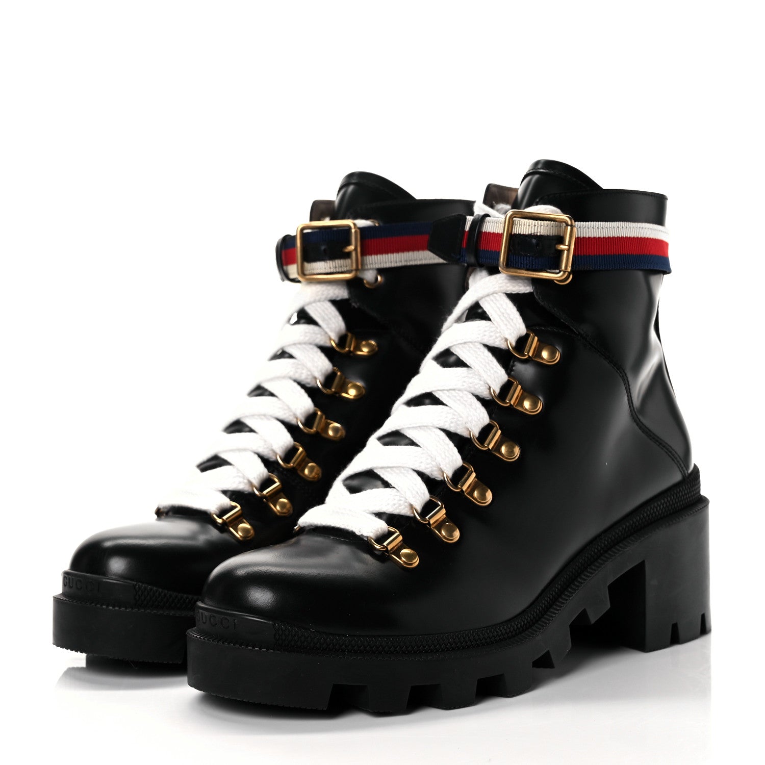 Gucci Calfskin Sylvie Web Lace Up Combat Boots 38.5 Black 3 of 8