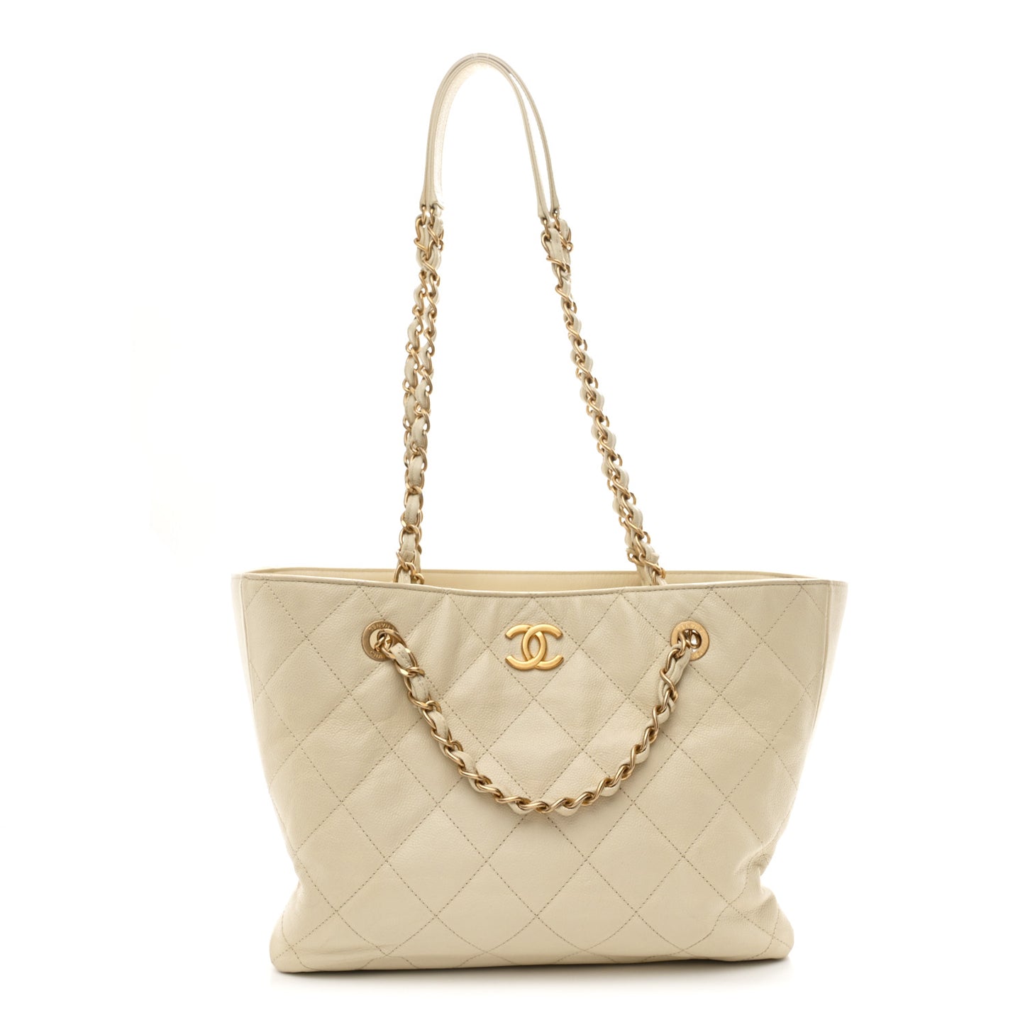 Caviar Quilted Small Trapezoid Chain Shopping Tote Ivory