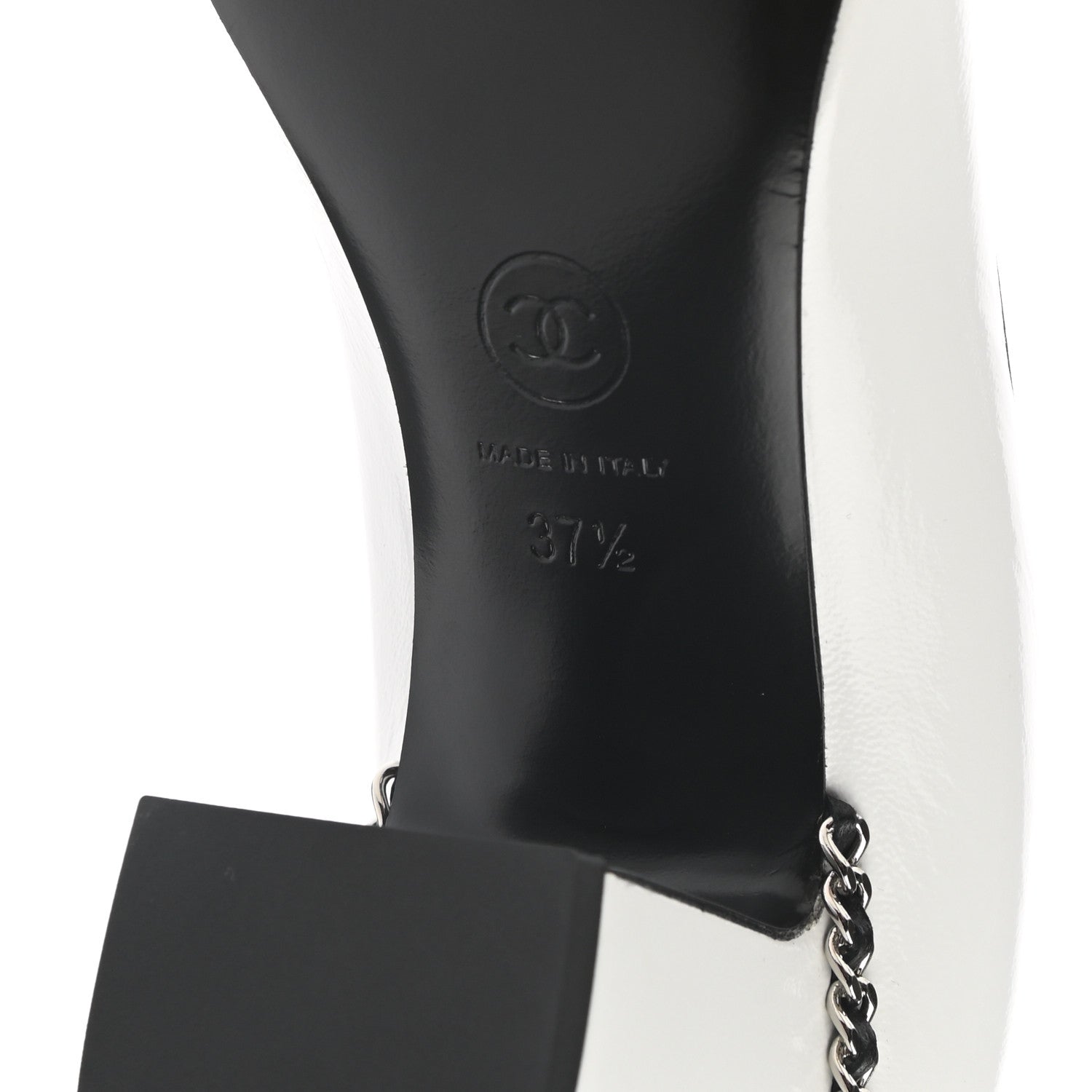 Chanel Laminated Lambskin Grosgrain Chain CC Cap Toe Pumps 37.5 White Black 6 of 10
