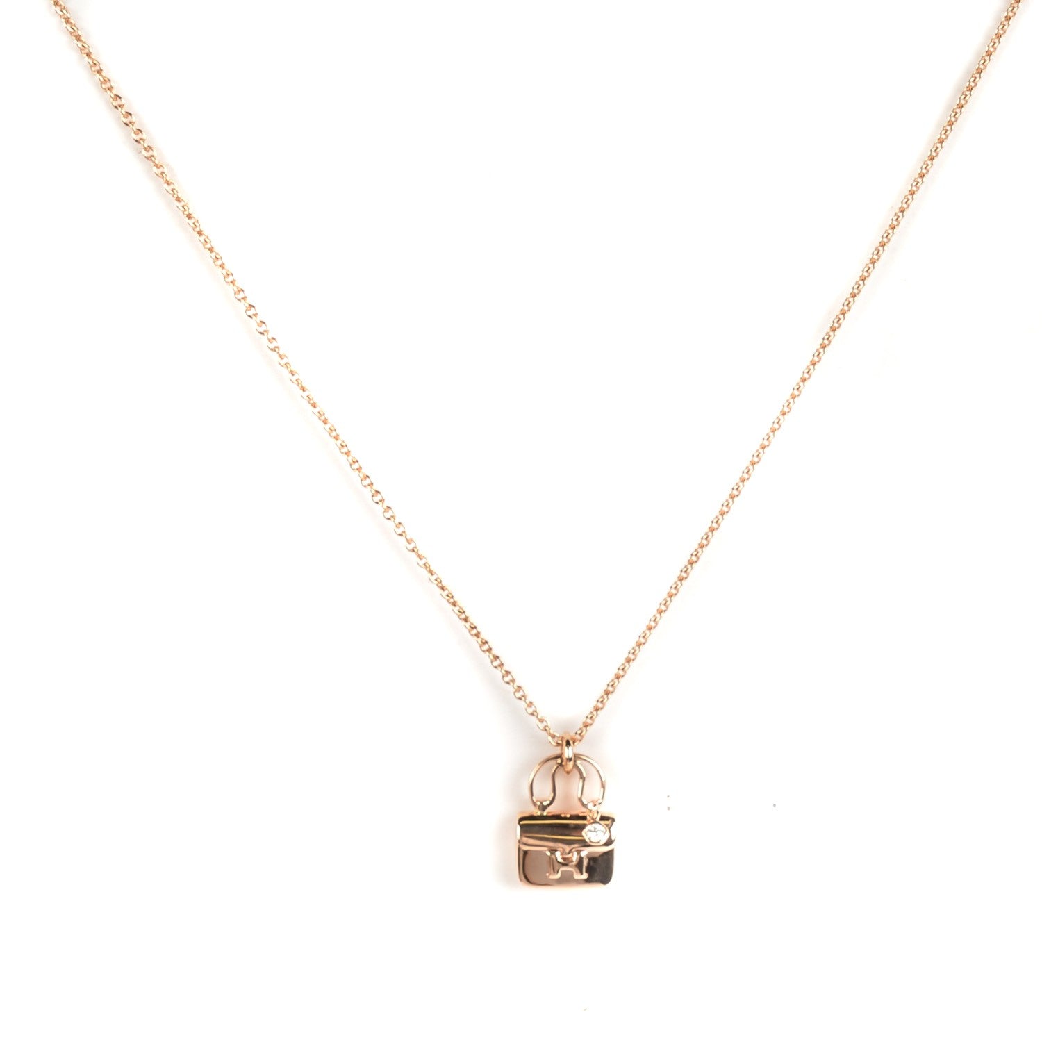 Hermes 18K Rose Gold Diamond Constance Amulette Charm Pendant Necklace 1 of 5