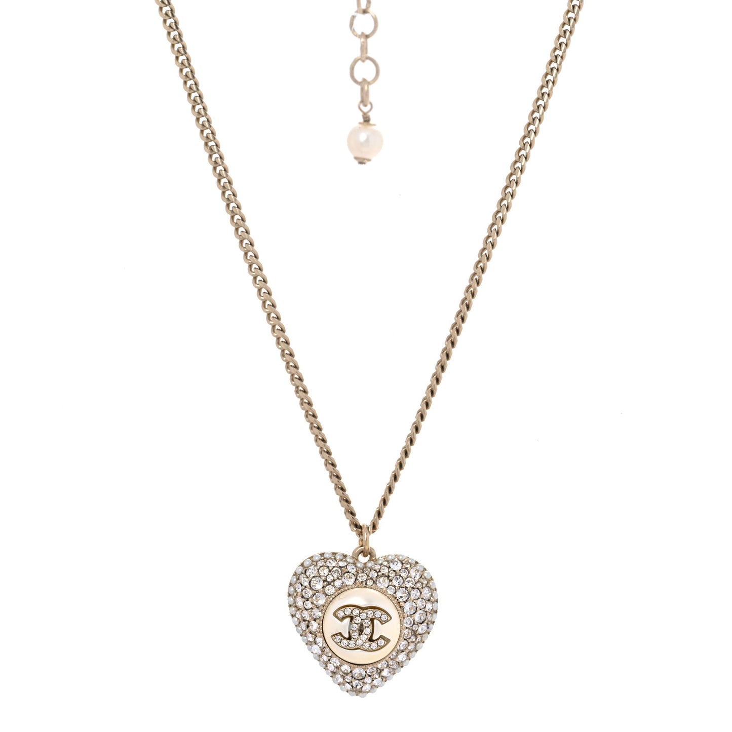 Pearl Crystal CC Heart Necklace Gold