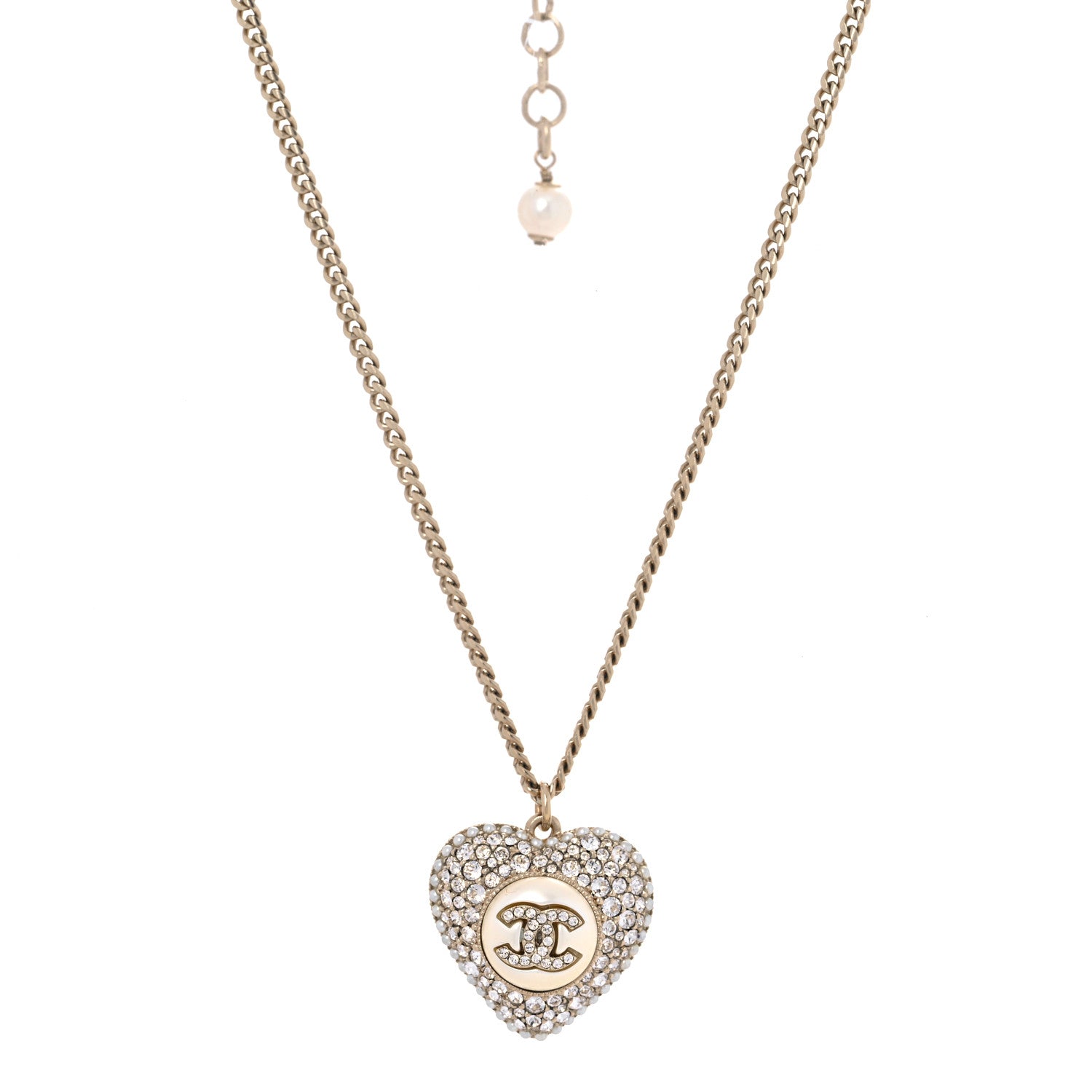 Chanel Pearl Crystal CC Heart Necklace Gold 1 of 8