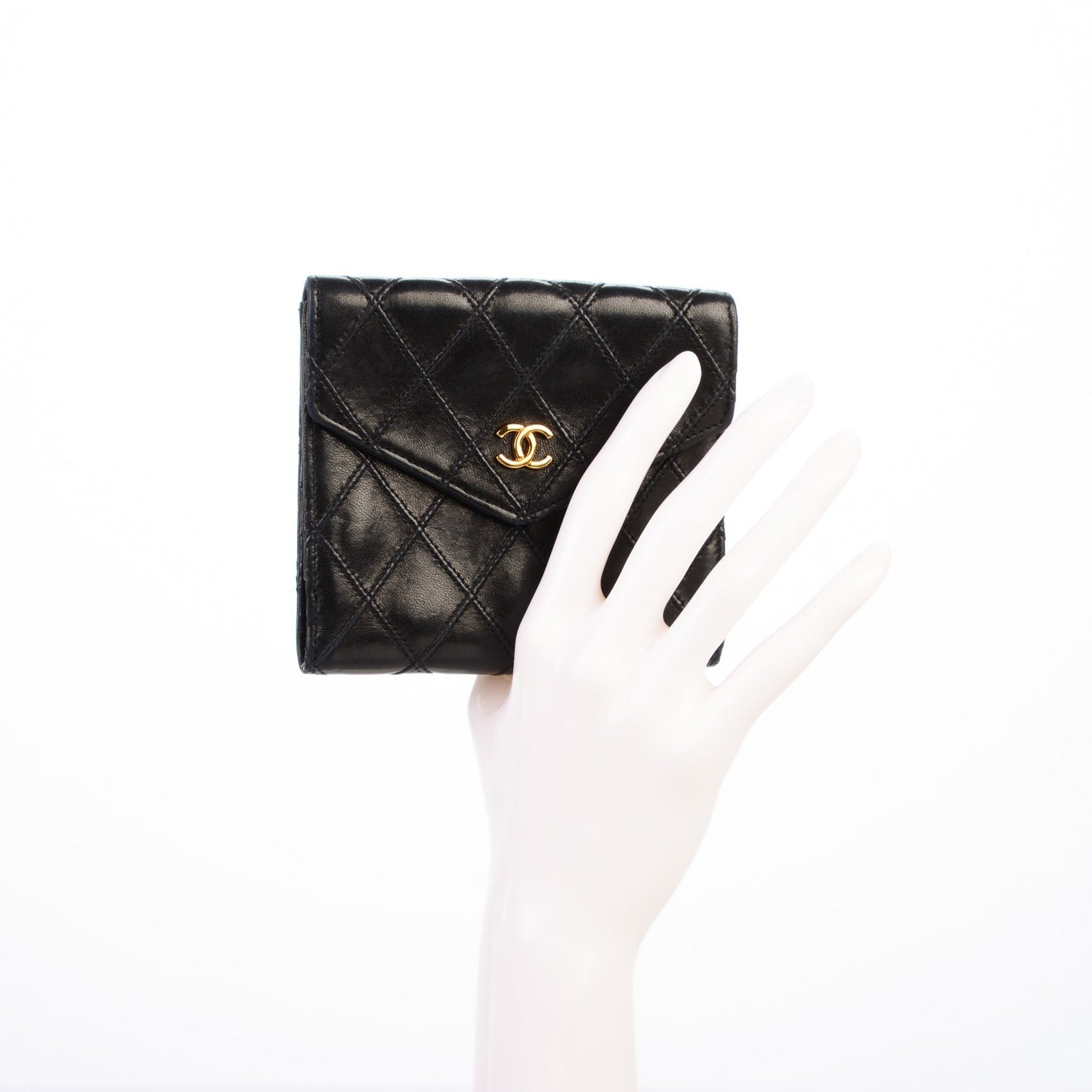 Calfskin Diamond Stitched Compact Wallet Black