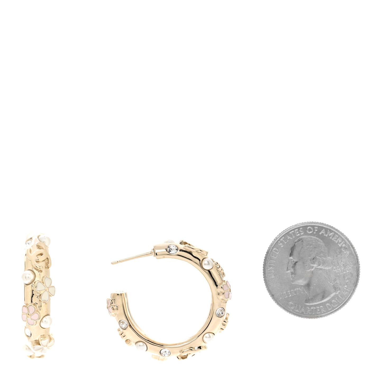 Pearl Crystal Enamel Camellia CC Hoop Earrings Gold