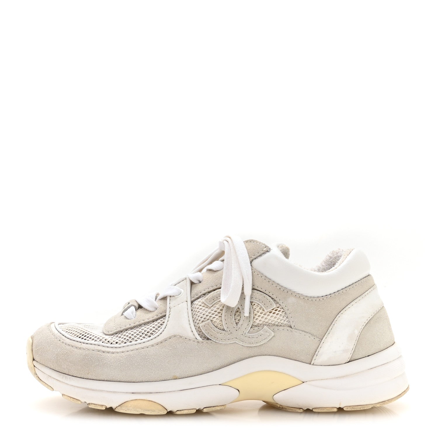 Chanel Suede Calfskin Fabric CC Sneakers 37.5 White 1 of 8