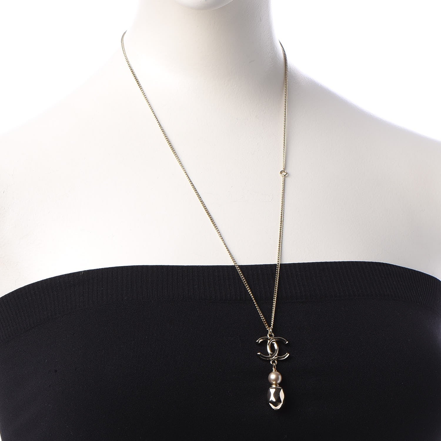 Chanel Chain CC Pearl Drop Necklace Gold 2 of 5