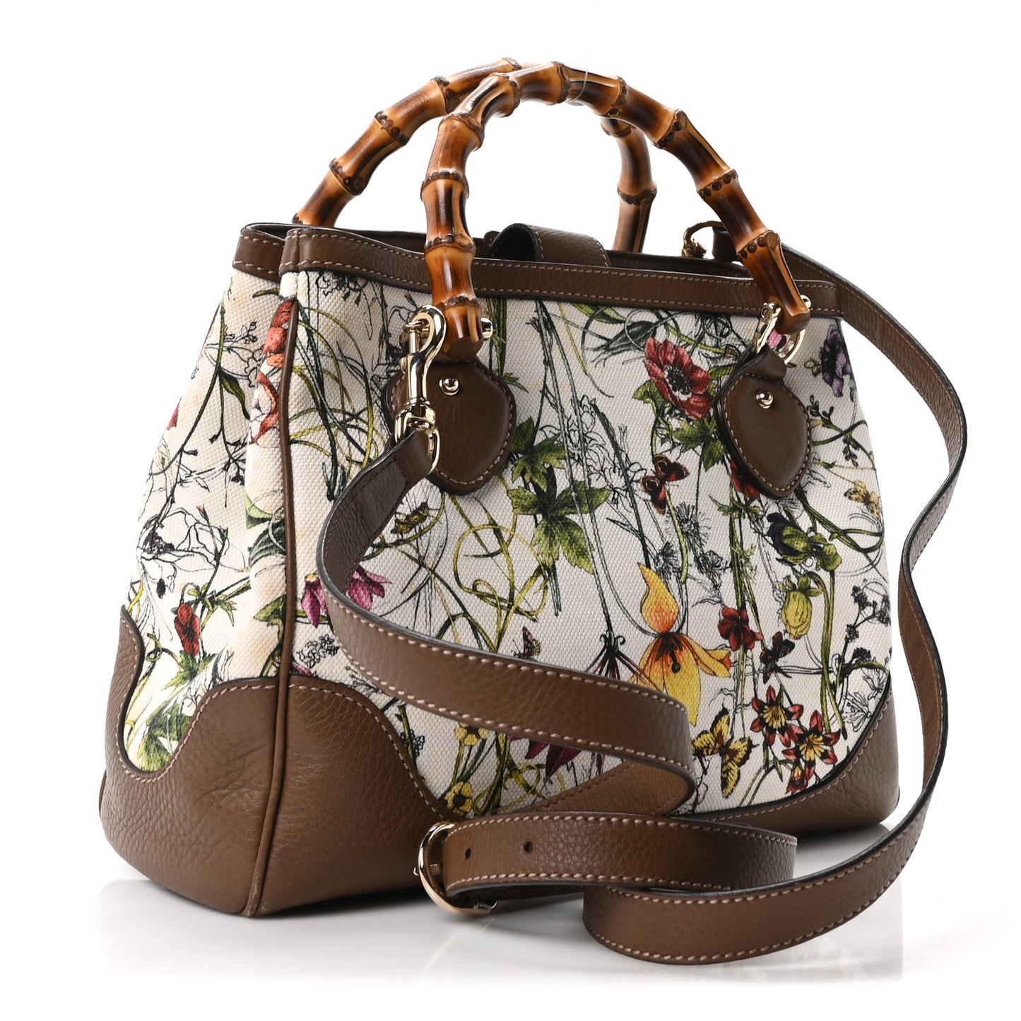 Canvas Floral Small Diana Bamboo Handle Bag Brown