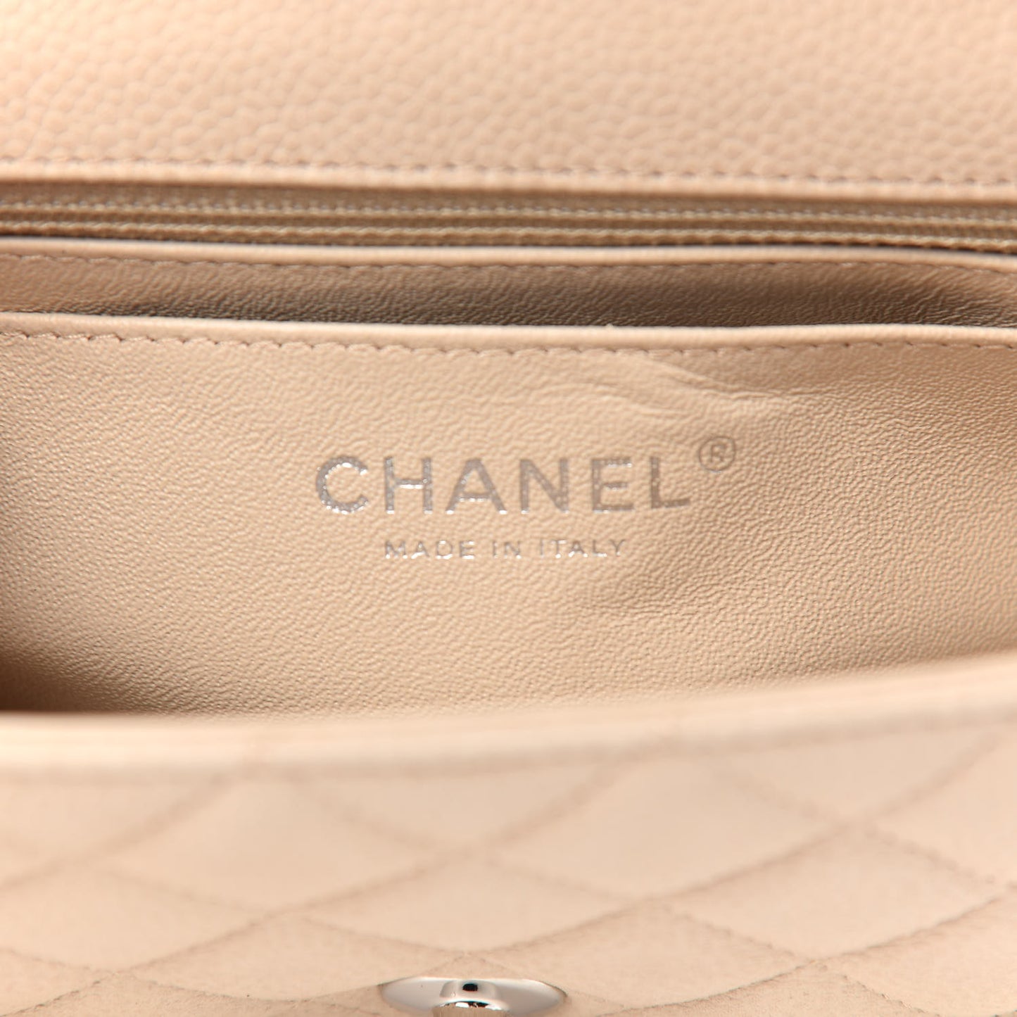 Iridescent Caviar Quilted Mini Rectangular Flap Light Beige