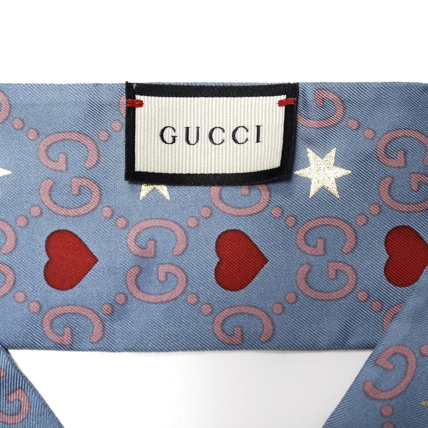 Silk Heart and Star Print Neck Bow Scarf Blue
