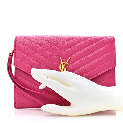 Saint Laurent Grain De Poudre Matelasse Chevron Monogram Envelope Clutch Fuchsia 2 of 10