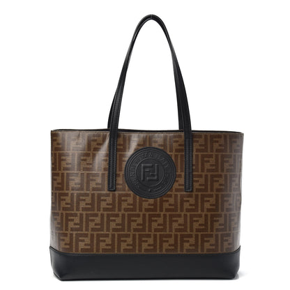 Fendi Glazed Fabric Vitello Century FF 1974 Stamp Patch Shopping Tote Mogano Panna Black 1 of 9
