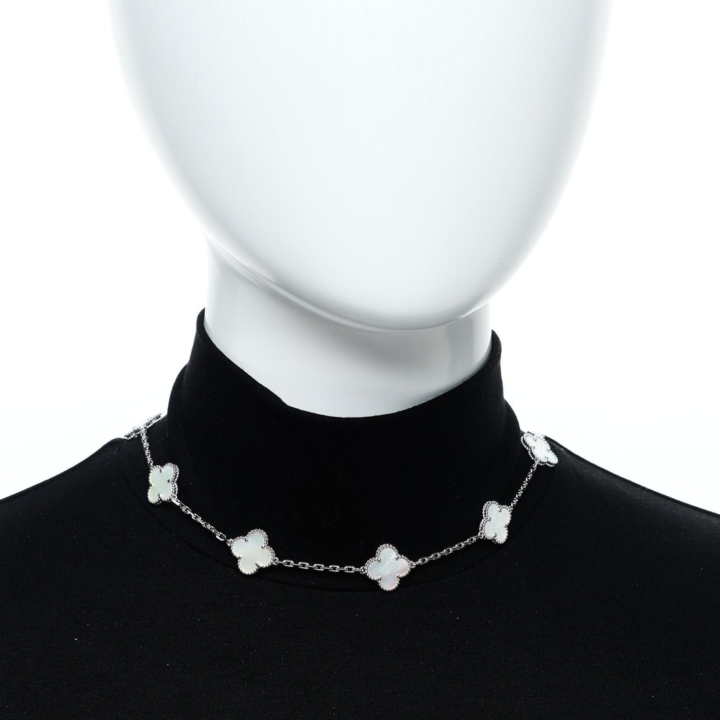 18K White Gold Mother of Pearl 10 Motifs Vintage Alhambra Necklace