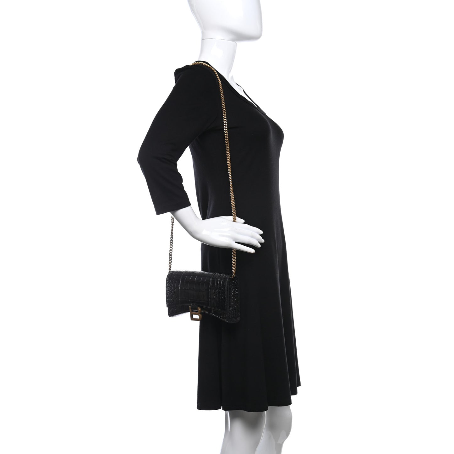Shiny Calfskin Monochrome Crocodile Embossed Hourglass Chain Bag Black