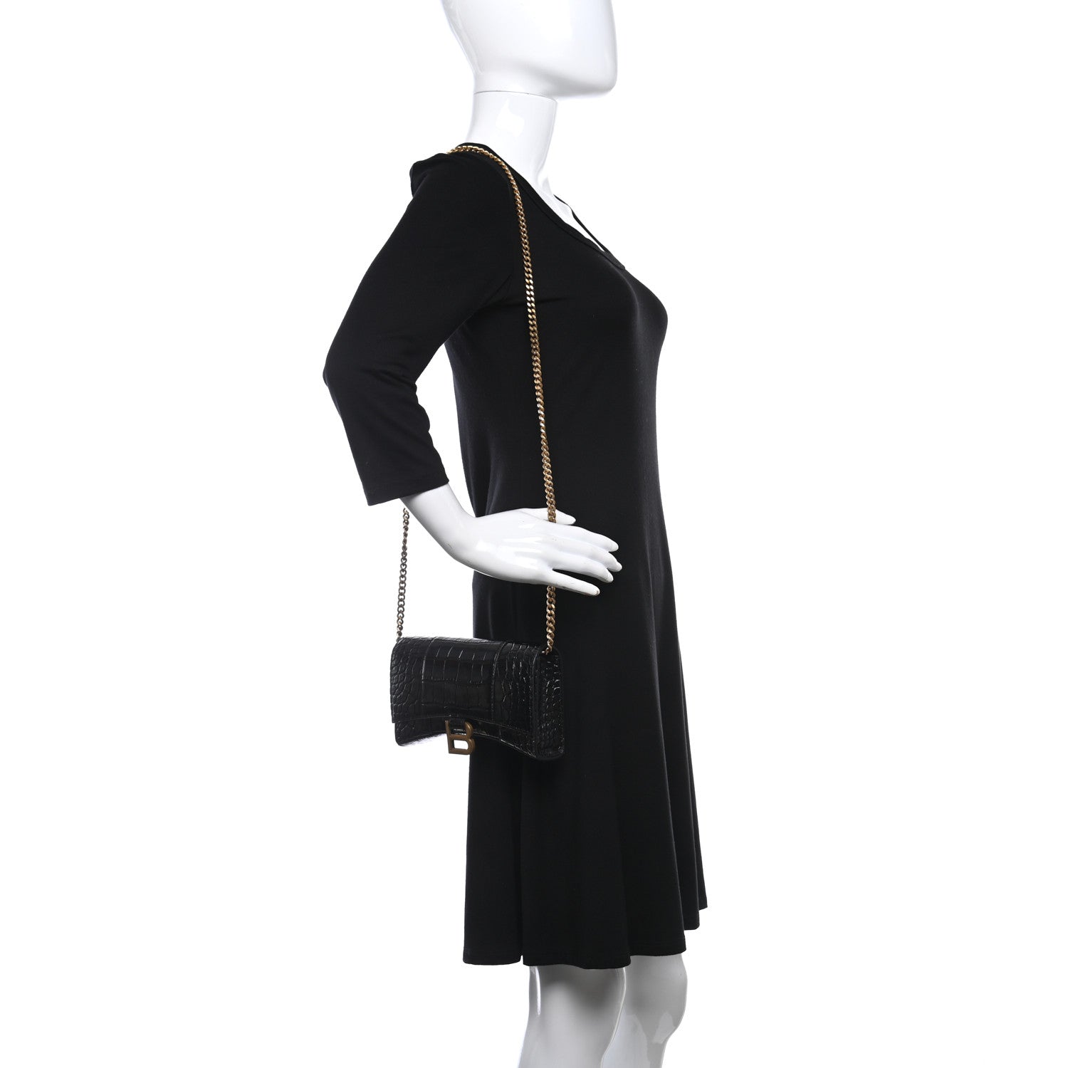 Balenciaga Shiny Calfskin Monochrome Crocodile Embossed Hourglass Chain Bag Black 2 of 15