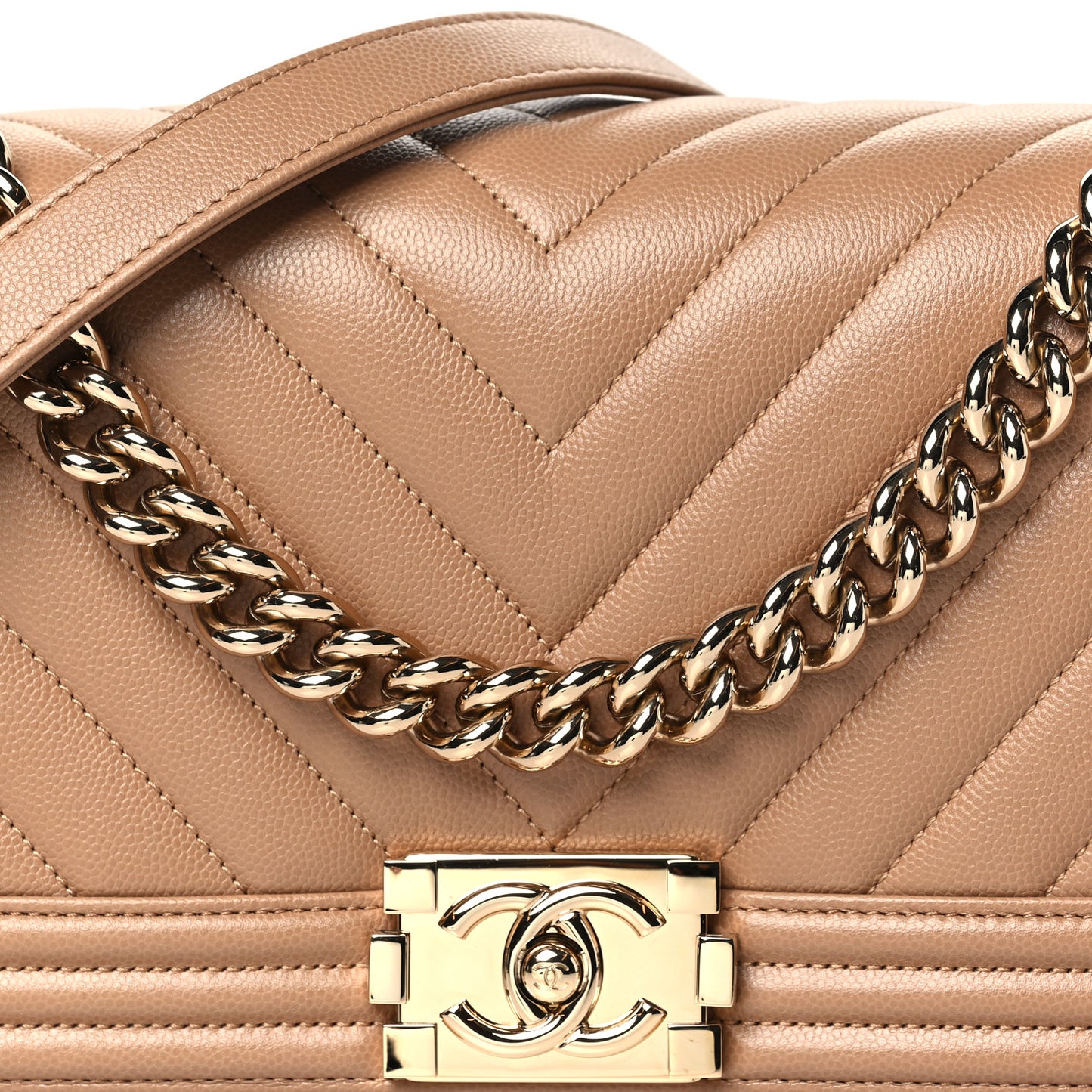 Caviar Chevron Quilted Medium Boy Flap Beige