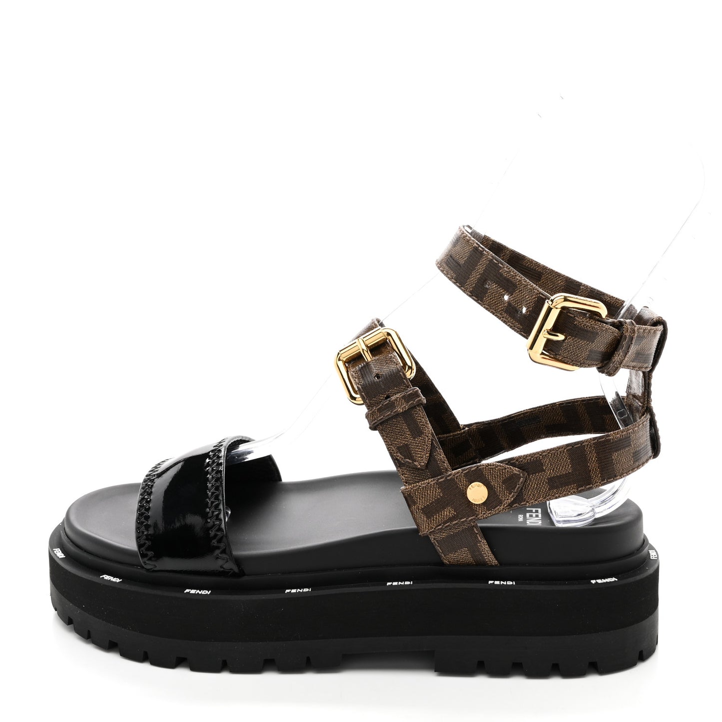 Vernice High-Tech Glazed Fabric FF Lug Sole Platform Sandals 39.5 Black Tobacco Moro