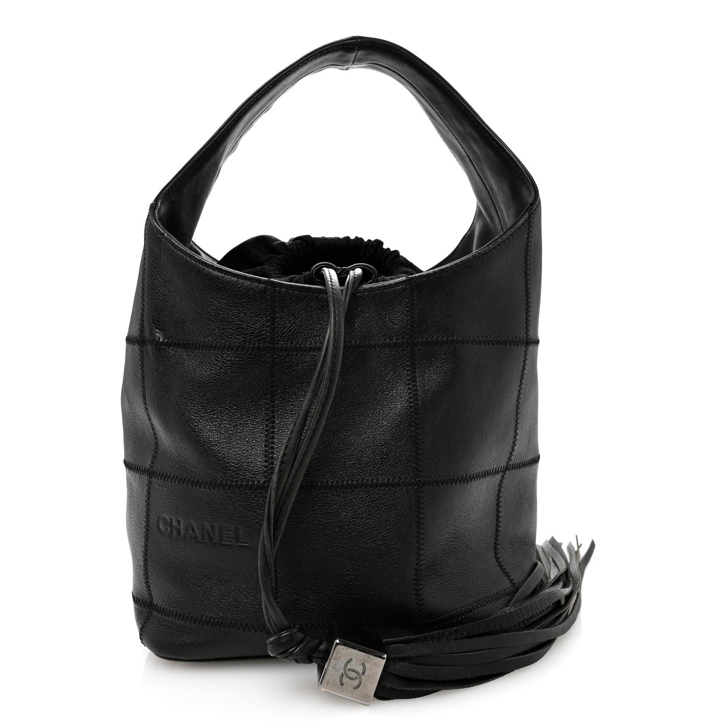 Calfskin Square Stitched Tassel Hobo Black