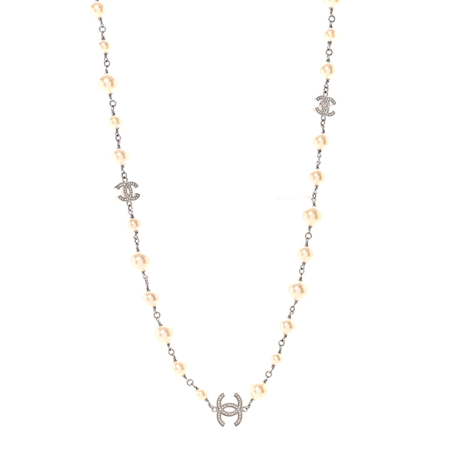 Graduated Pearl Crystal CC Long Necklace Silver