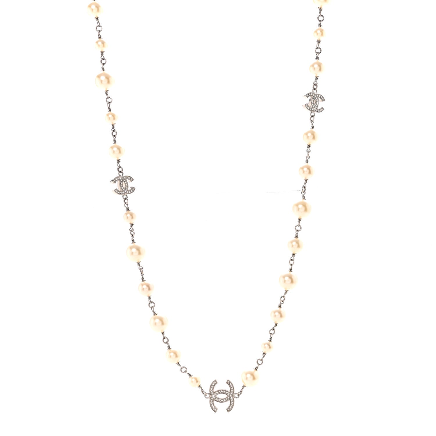 Chanel Graduated Pearl Crystal CC Long Necklace Silver 1 of 5