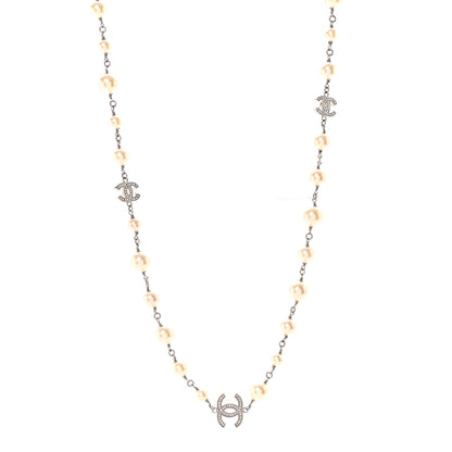Chanel Graduated Pearl Crystal CC Long Necklace Silver 1 of 5