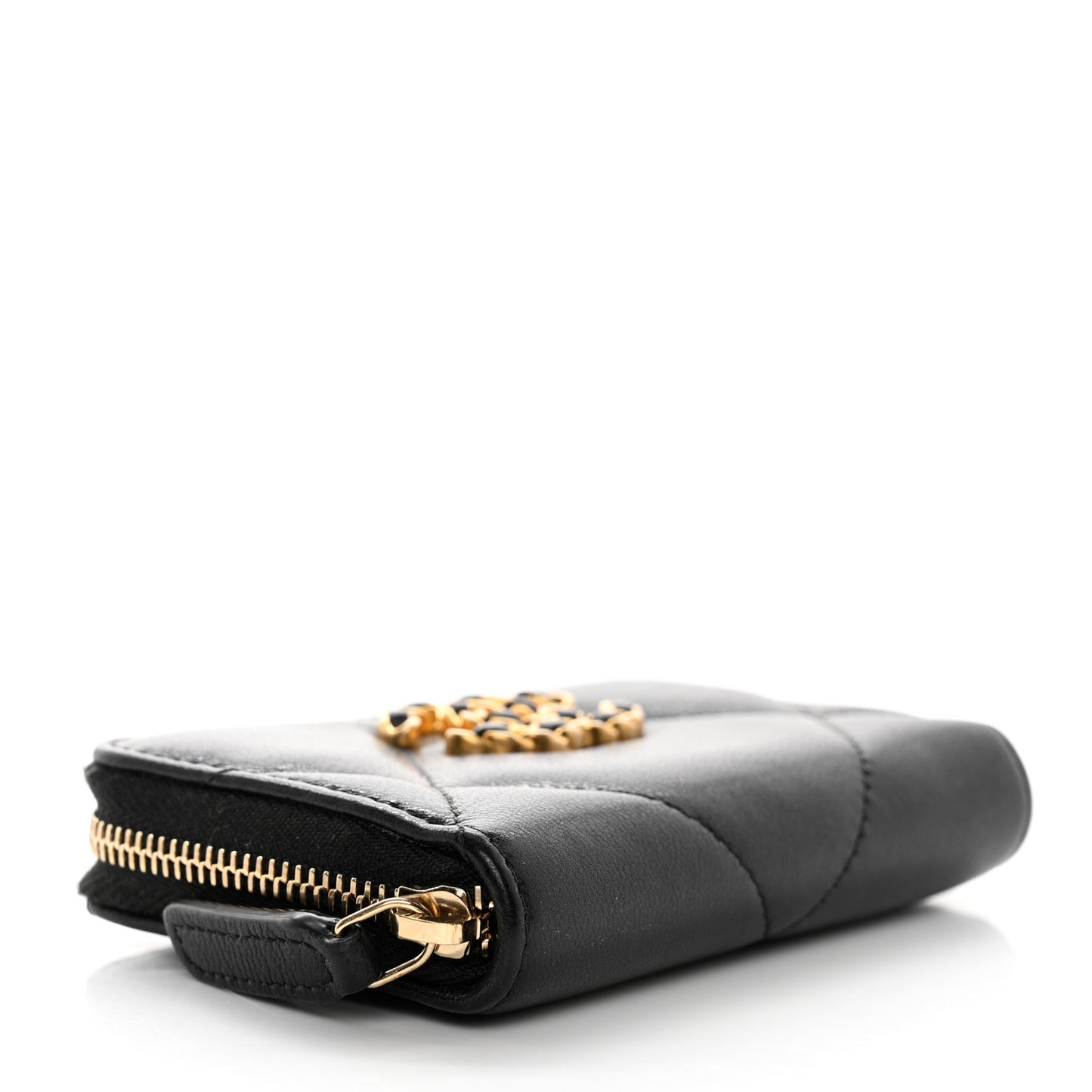Lambskin Quilted Chanel 19 Zip Around Coin Purse Wallet Black