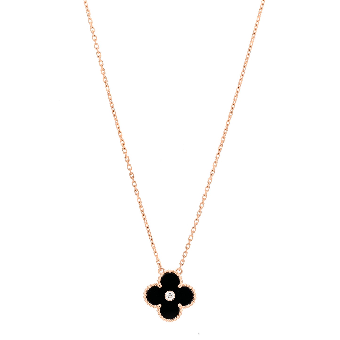 18K Rose Gold Diamond Black Onyx Vintage Alhambra Pendant Necklace