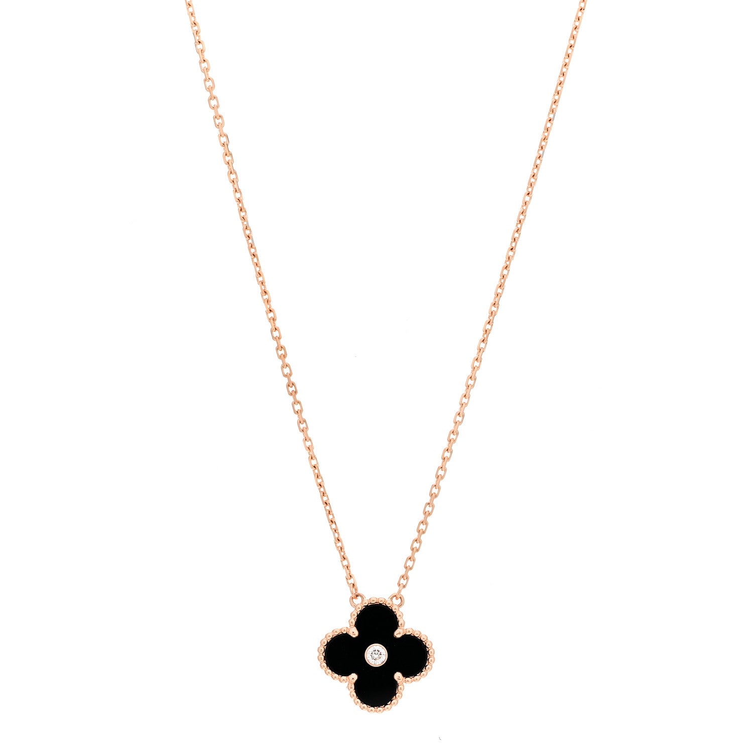 Van Cleef & Arpels 18K Rose Gold Diamond Black Onyx Vintage Alhambra Pendant Necklace 1 of 7