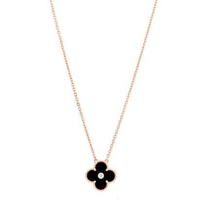 Van Cleef & Arpels 18K Rose Gold Diamond Black Onyx Vintage Alhambra Pendant Necklace 1 of 7