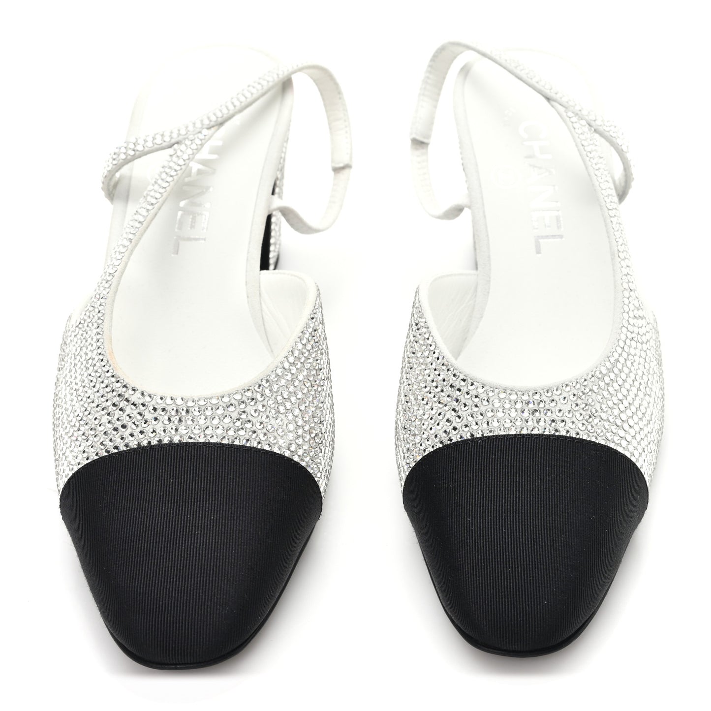 Strass Grosgrain Cap Toe CC Slingback Pumps 36 Silver Black