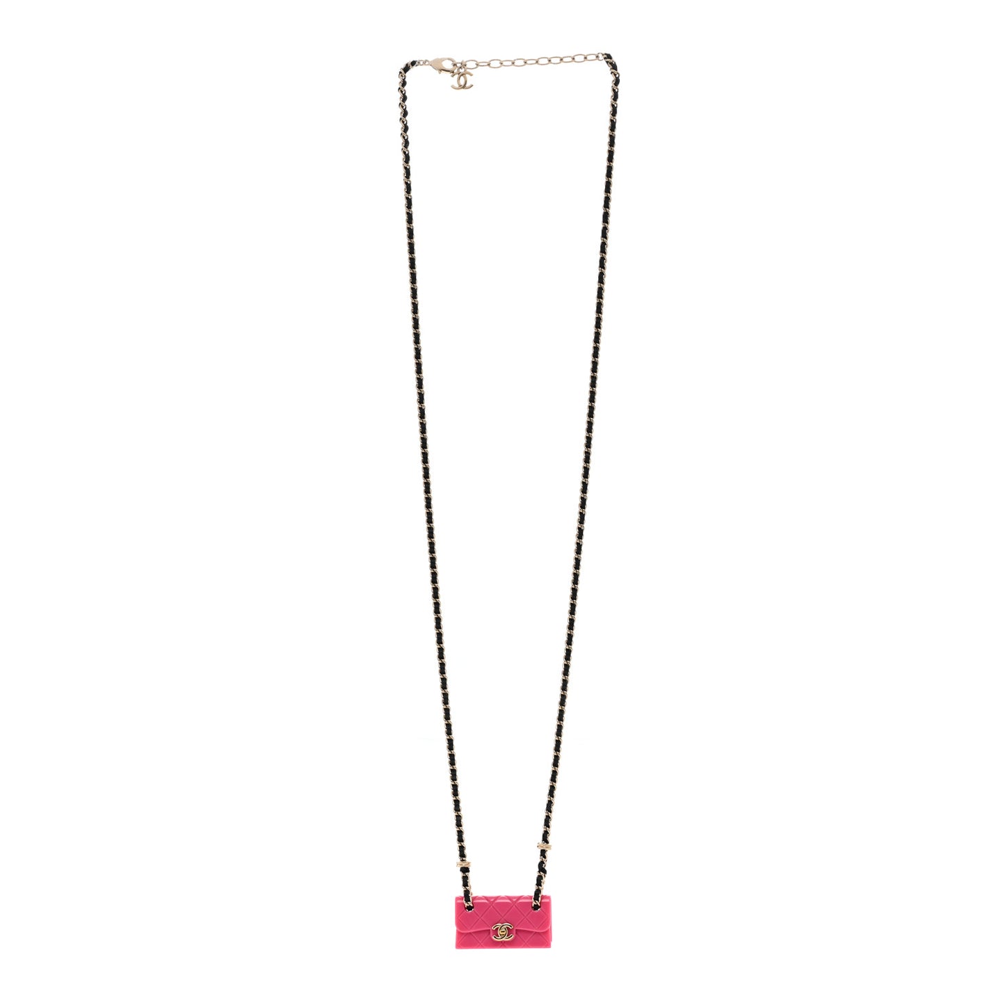 Metal Resin Lambskin Flap Bag Long Necklace Golden Pink Black