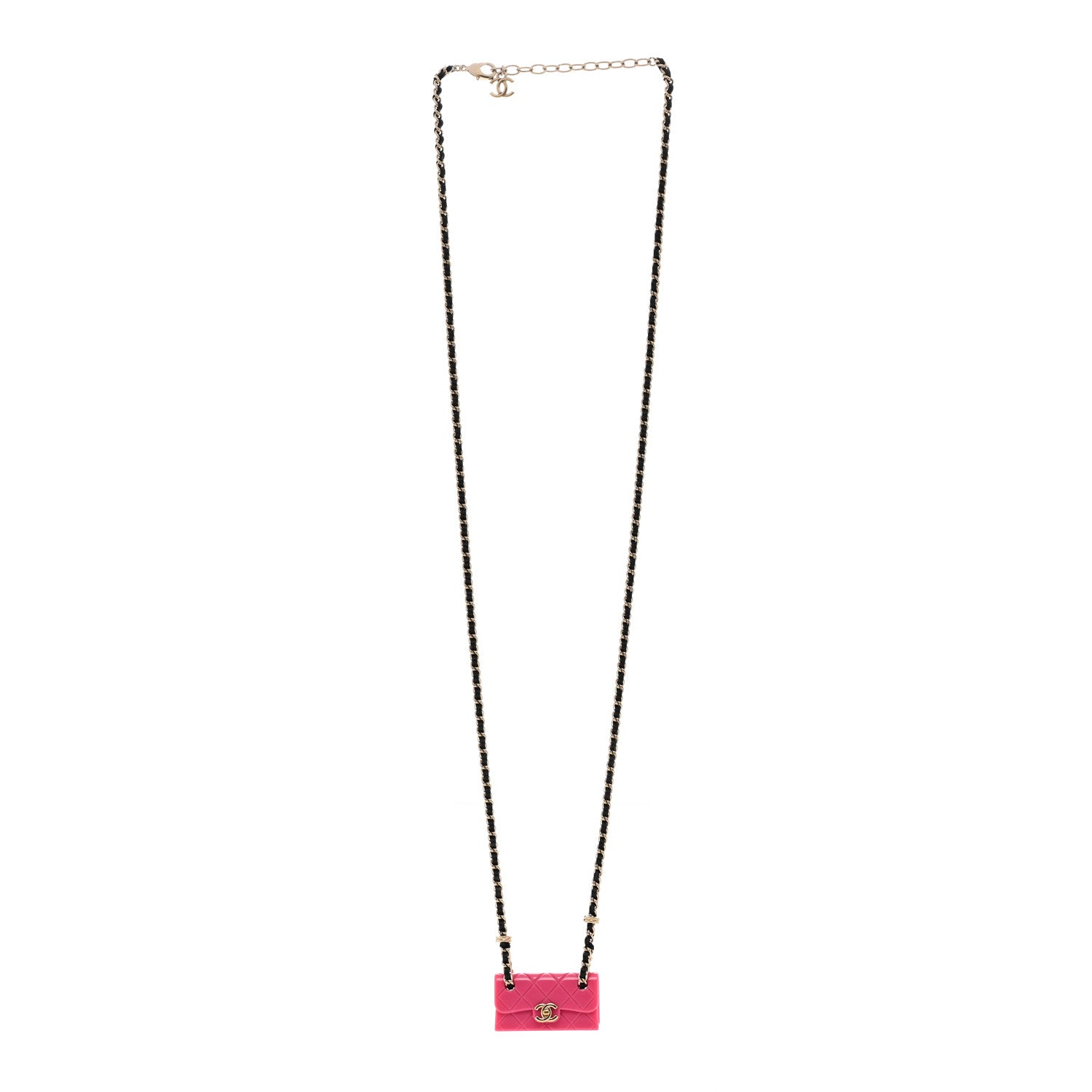 Chanel Metal Resin Lambskin Flap Bag Long Necklace Golden Pink Black 3 of 5