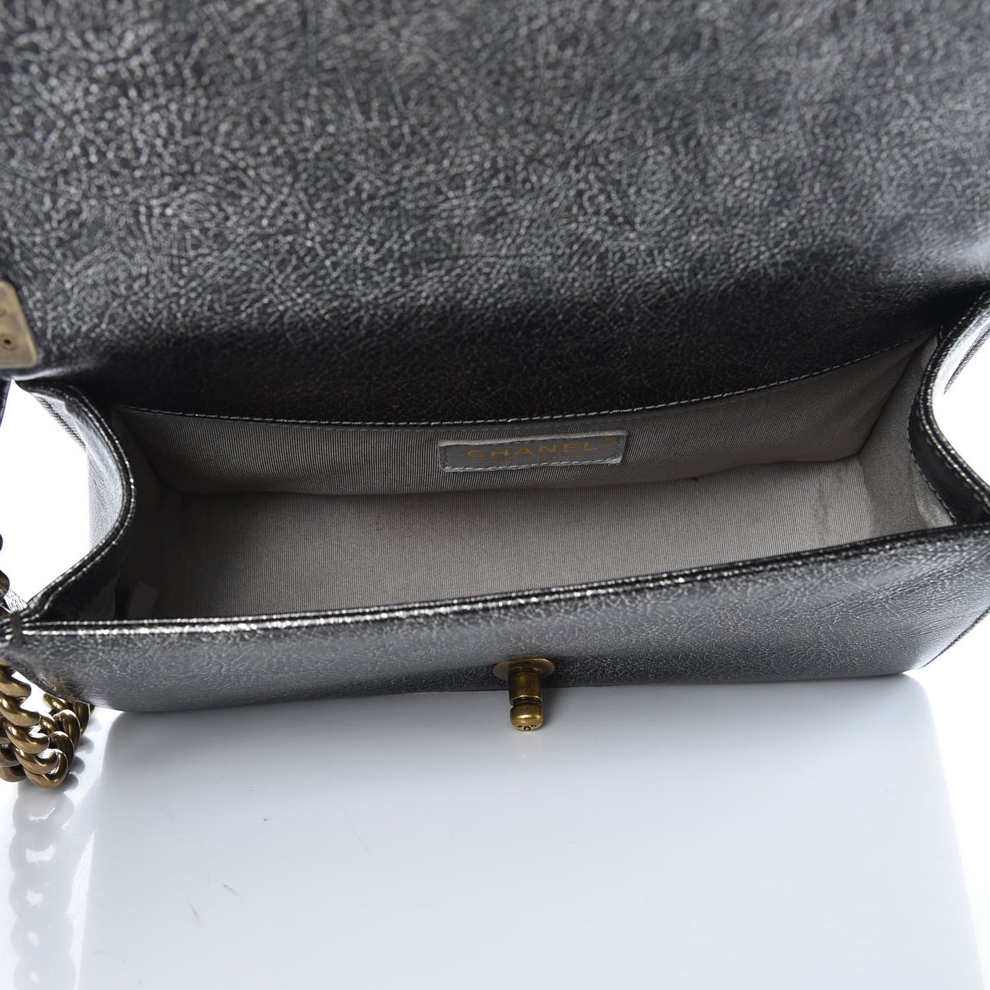 Cracked Metallic Calfskin Quilted Medium Boy Flap Dark Silver
