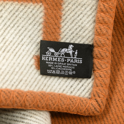 Hermes Wool Cashmere Signature Classic Avalon Blanket Ecru Potiron 2 of 2