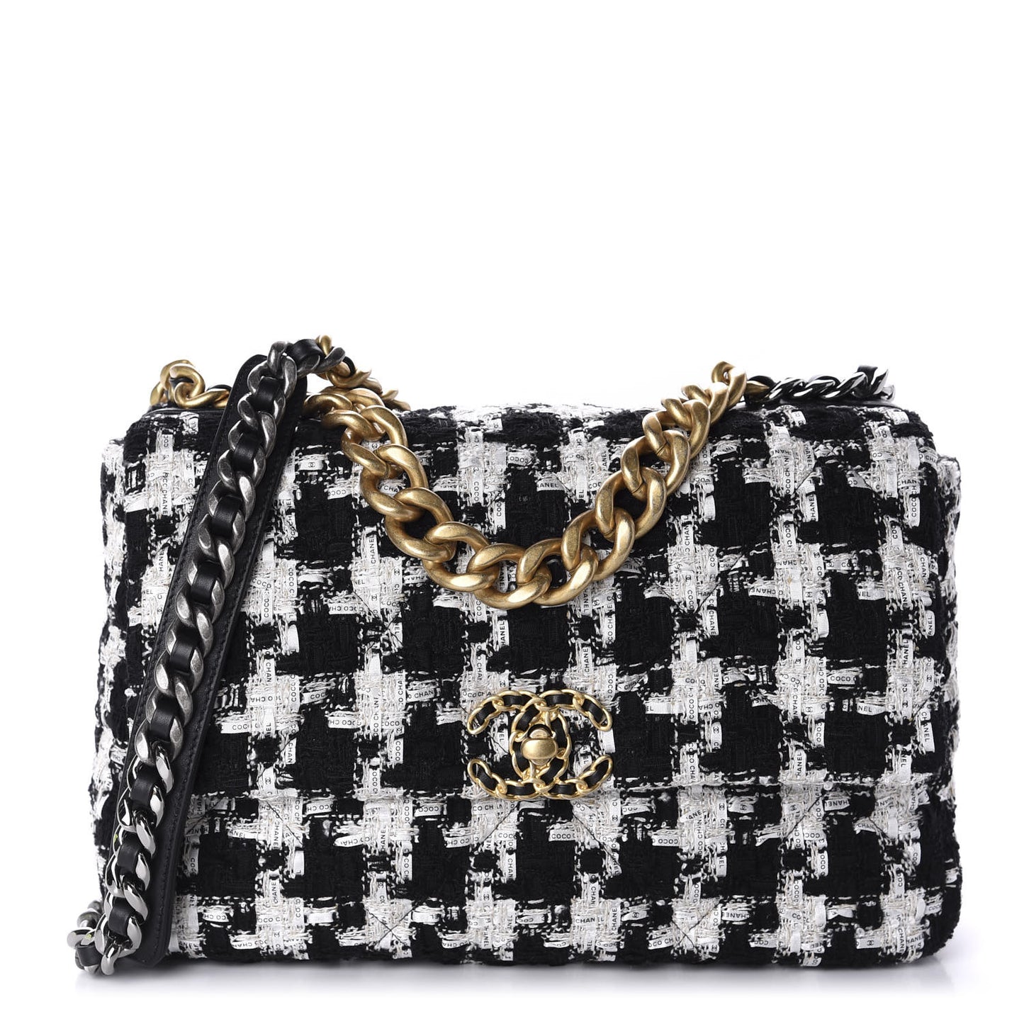 Tweed Quilted Large 19 Flap Black Ecru White