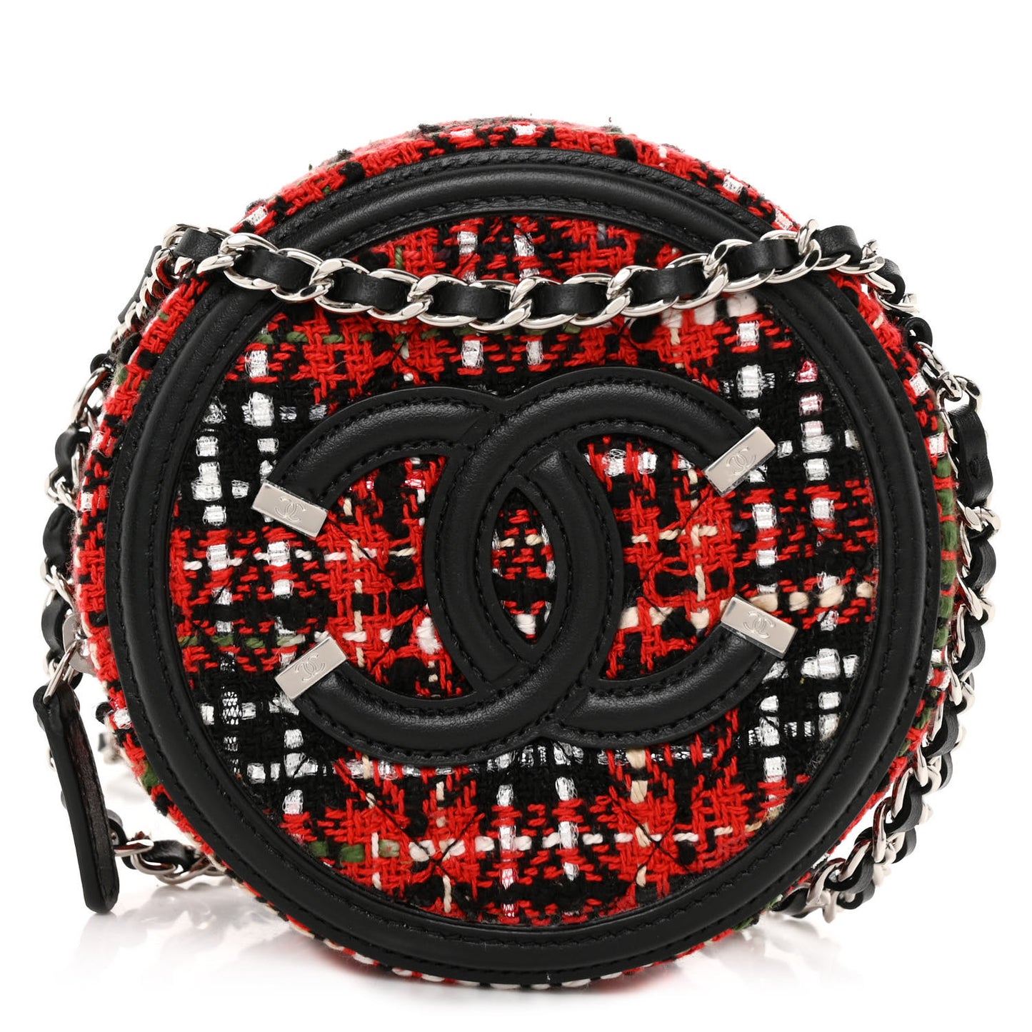 Tweed Quilted Round Filigree Clutch With Chain Red Black