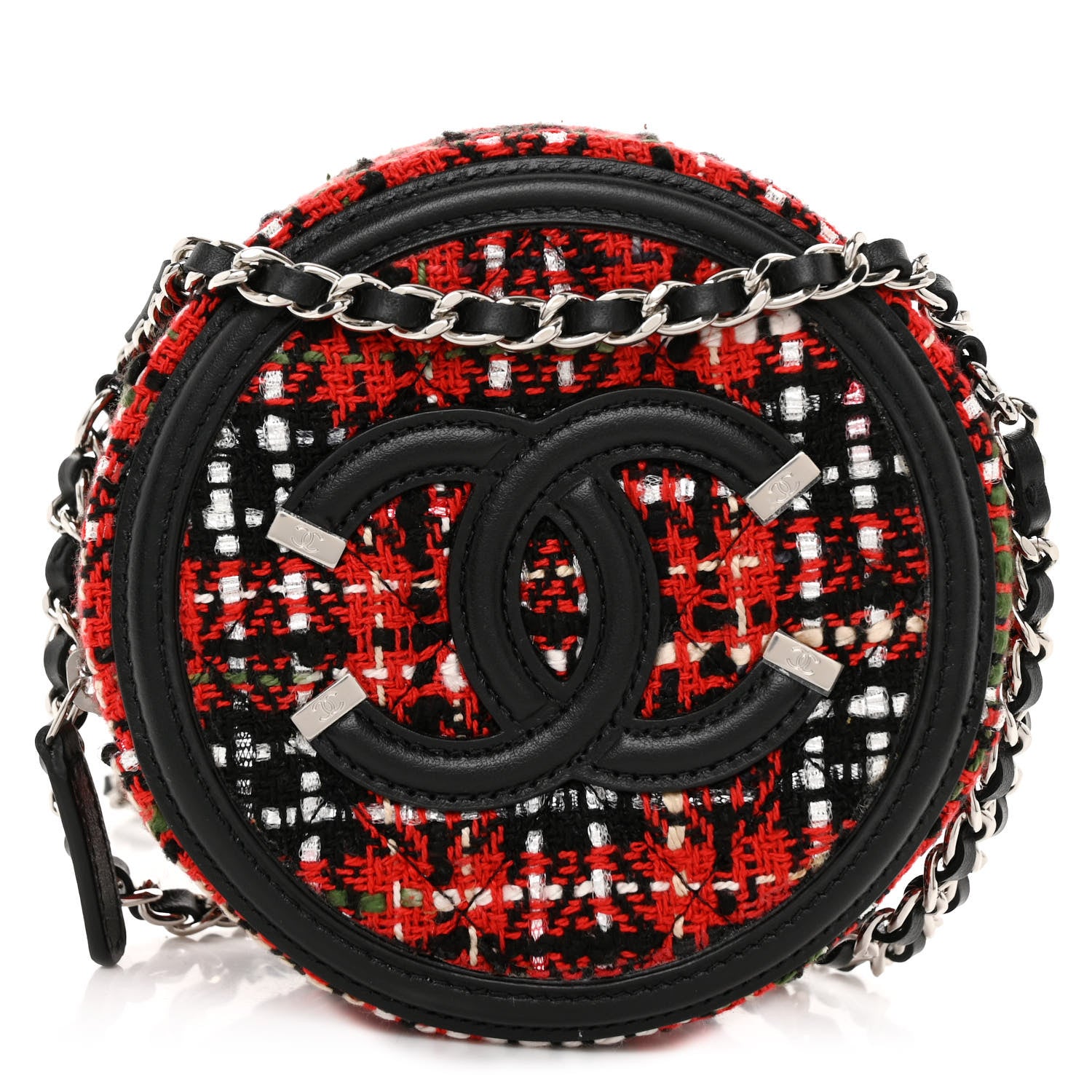 Chanel Tweed Quilted Round Filigree Clutch With Chain Red Black 1 of 5