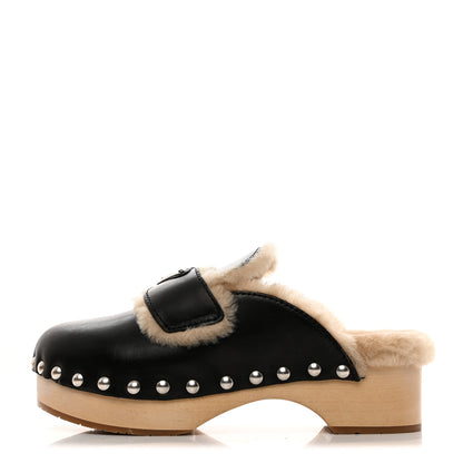 Prada Natural Calfskin Shearling Metal Triangle Logo 45mm Clogs 37 Black Sabbia 1 of 9