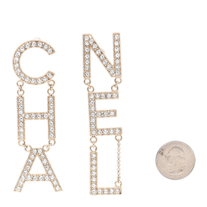 Chanel Crystal Cha-Nel Logo Drop Earrings Gold 2 of 5