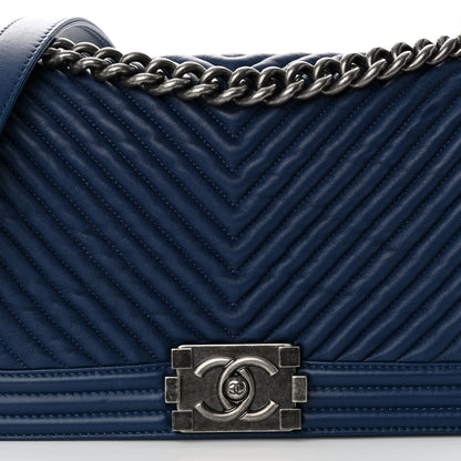 Chanel Wrinkled Lambskin Chevron Quilted Medium Boy Flap Navy 8 of 11