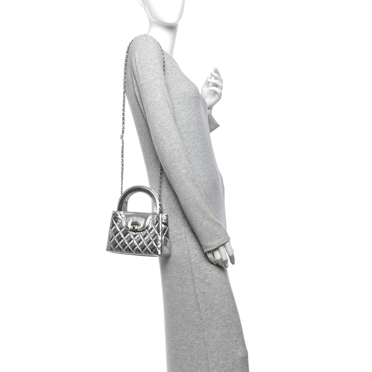 Metallic Aged Calfskin Quilted Nano Kelly Shopper Silvery
