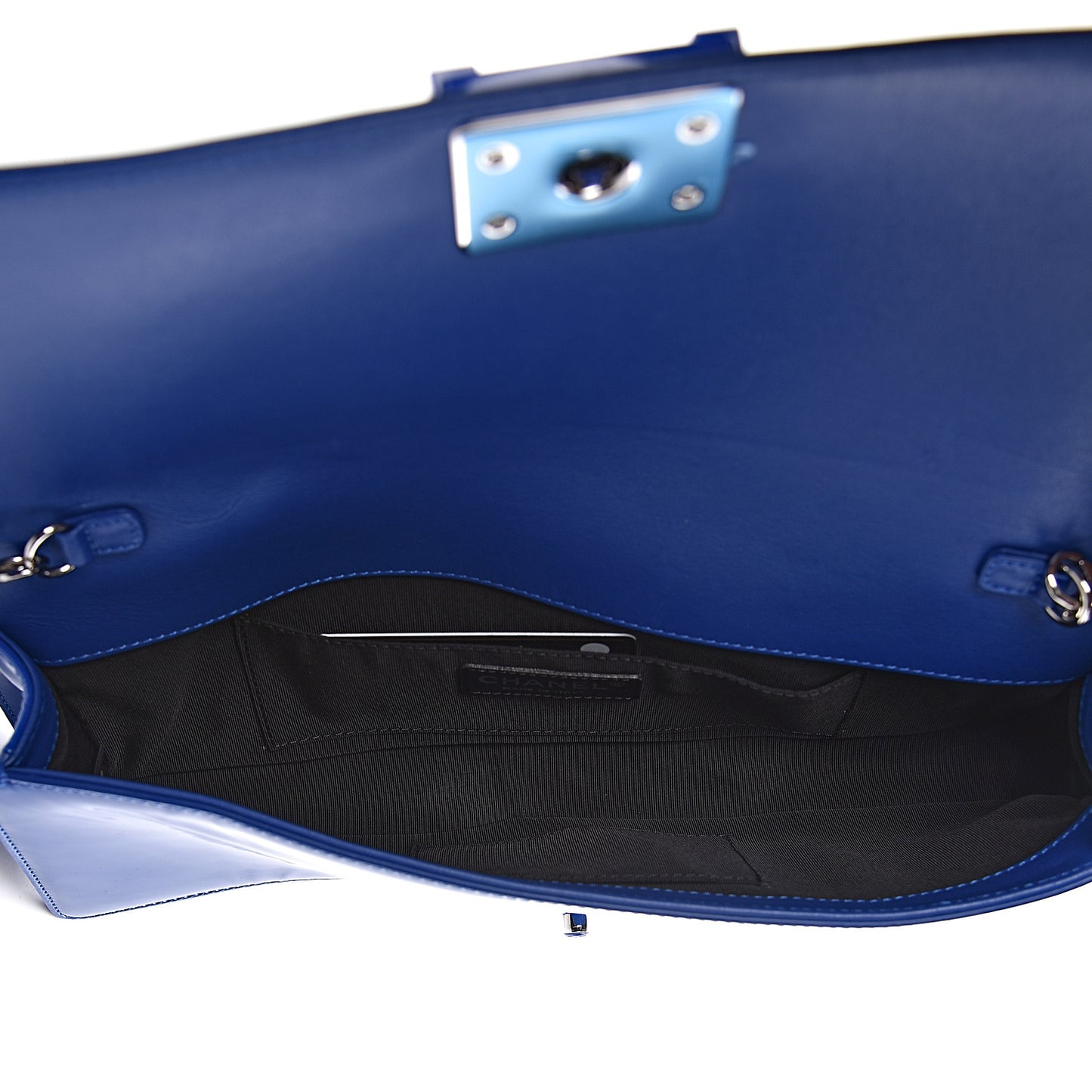 Patent Calfskin Quilted Plexiglass Boy Clutch With Removable Chain Blue
