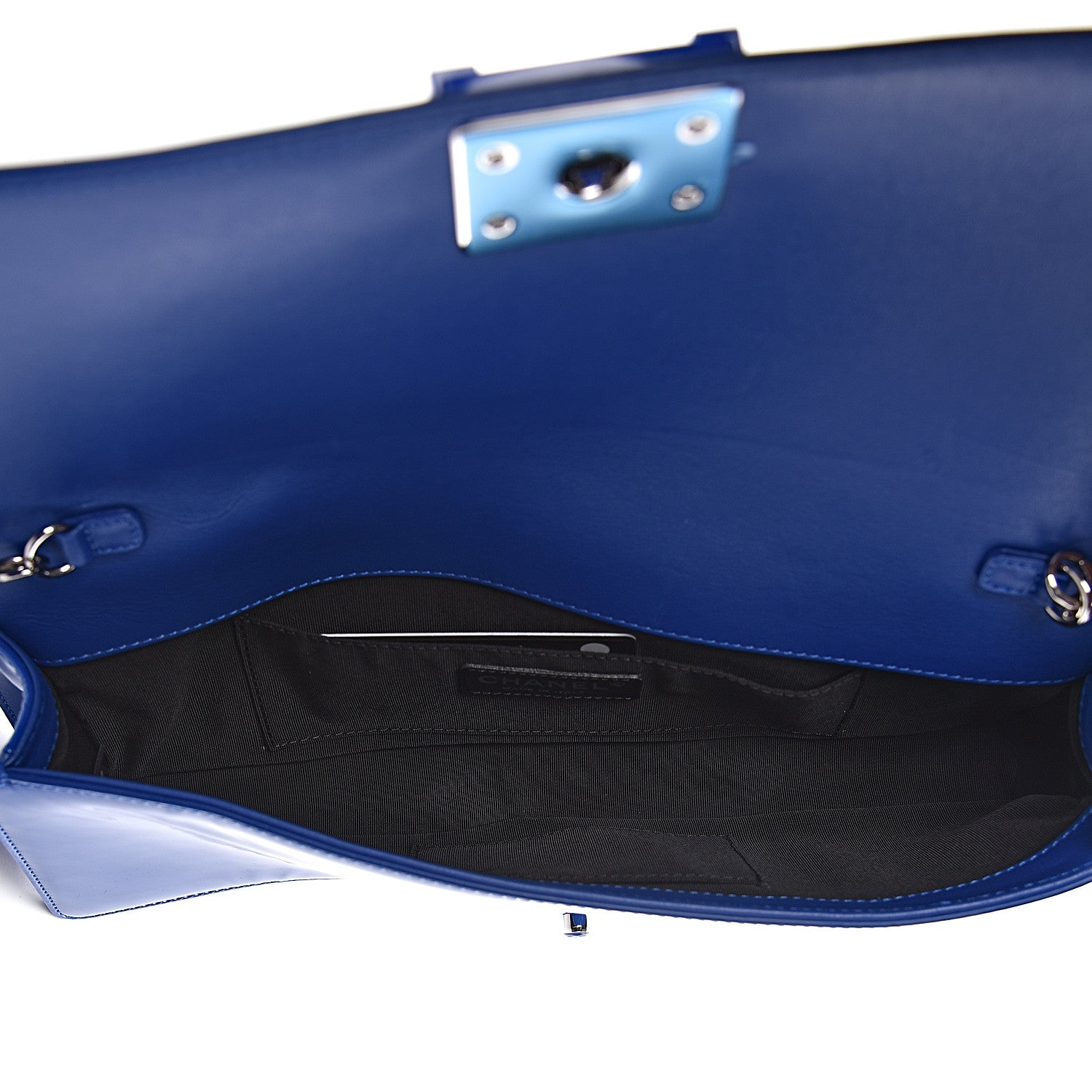 Chanel Patent Calfskin Quilted Plexiglass Boy Clutch With Removable Chain Blue 5 of 14