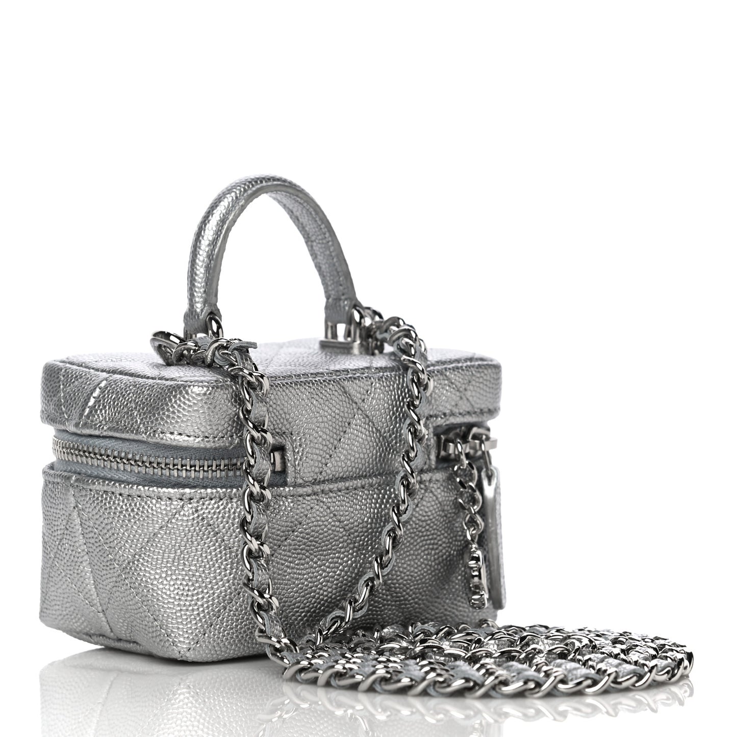 Metallic Caviar Quilted Mini Top Handle Vanity With Chain Silver