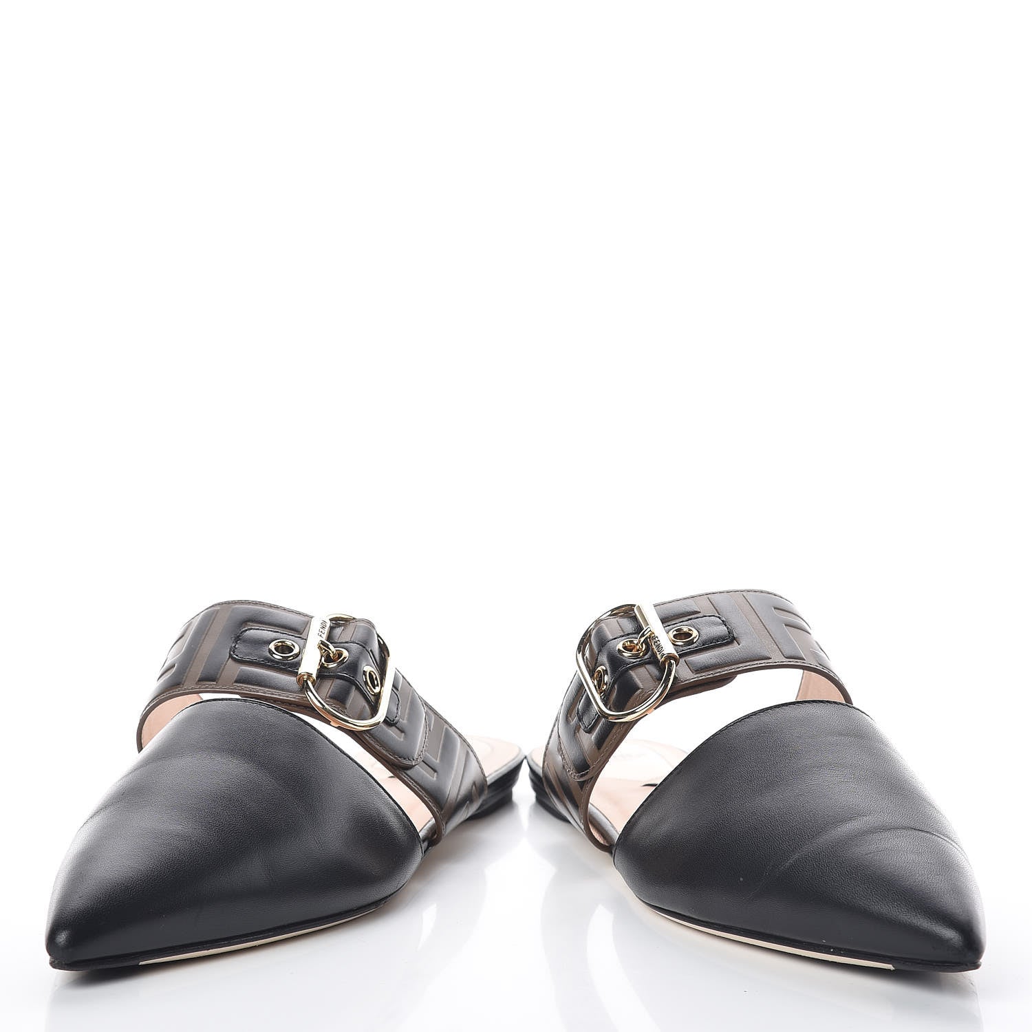 Fendi Vitello FF Embossed Buckle Flat Mules 38.5 Maya Black 6 of 10