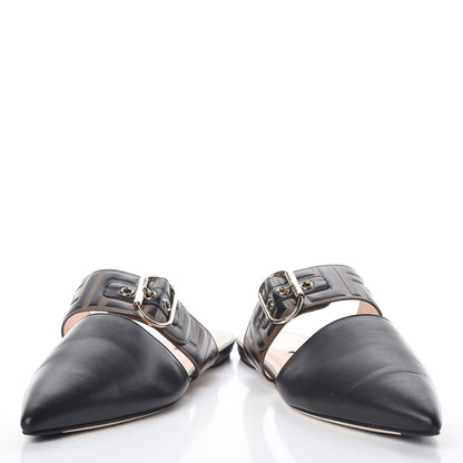 Fendi Vitello FF Embossed Buckle Flat Mules 38.5 Maya Black 6 of 10