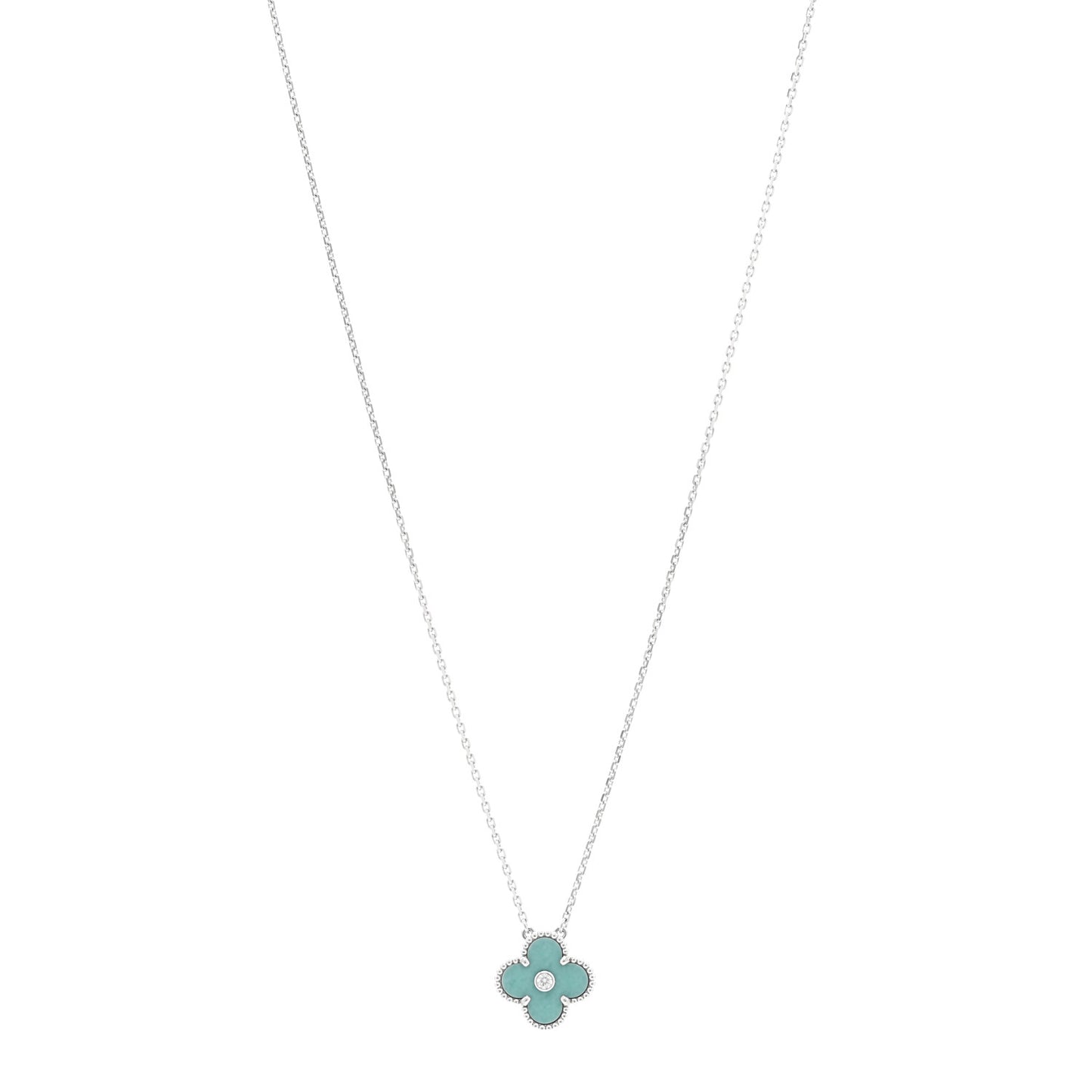 18K White Gold Diamond Celadon Green Sevres Porcelain Vintage Alhambra Pendant Necklace